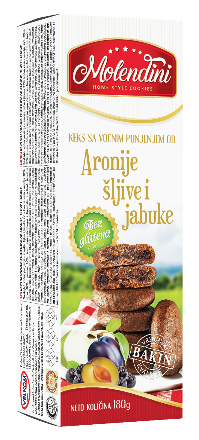 MOLENDINI KEKS BEZ GLUTENA ARONIJA, ŠLJIVA, JABUKA 180G